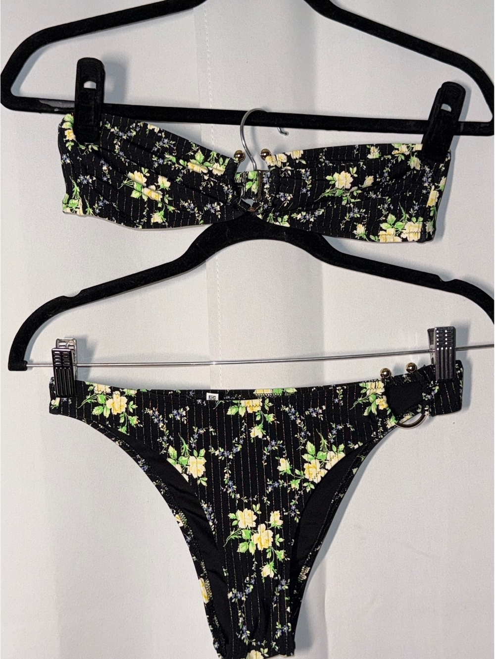 Aerie Black Floral Bandeau Bikini Set with Ring Detail Sz Sm - Summer Swim Beach